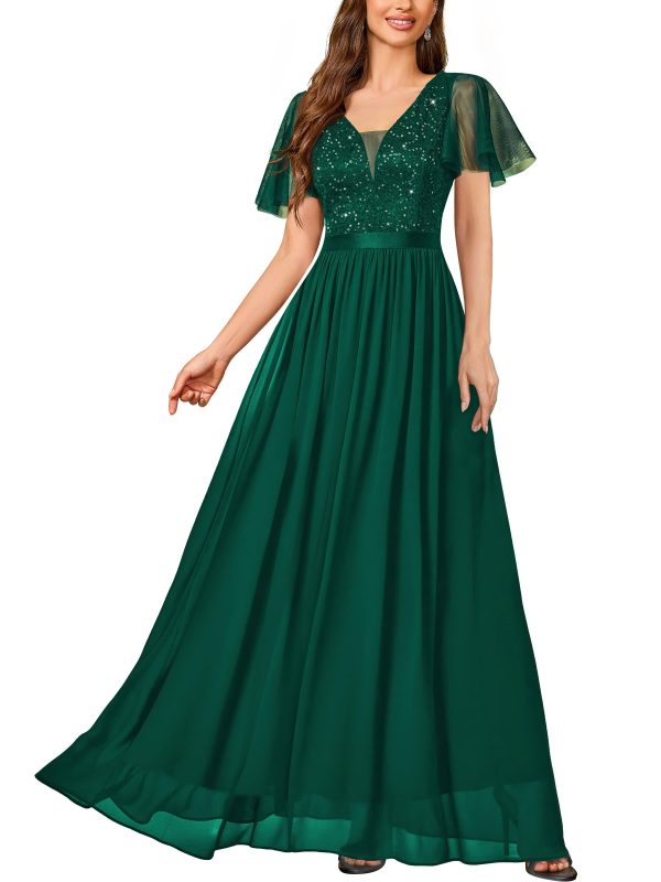 71GwiXmnRYL.jpg Women's Elegant Deep-V Neck Ruffle Tulle Sleeve Sequin Lace Formal Maxi Dress