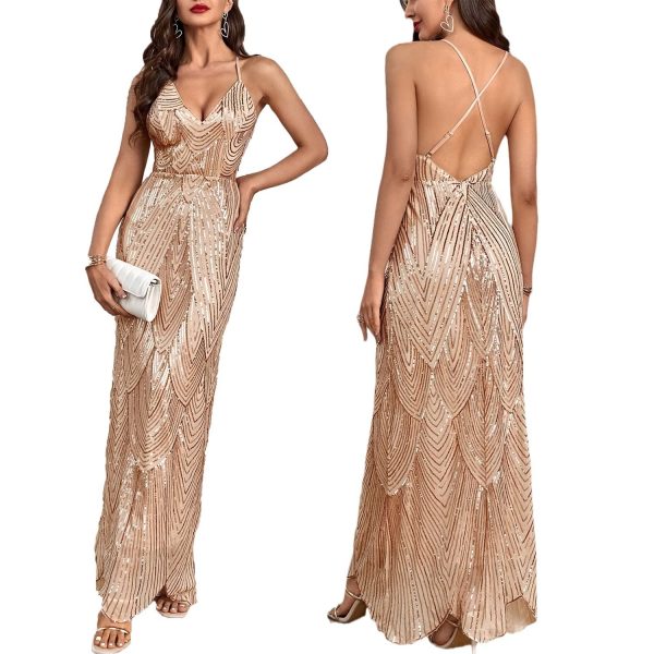 71IFgtu9yL.jpg Women's V Neck Spaghetti Straps Sequin Sparkly Glitter Irregular Hem Prom Dress Bcakless Maxi Evening Gowns