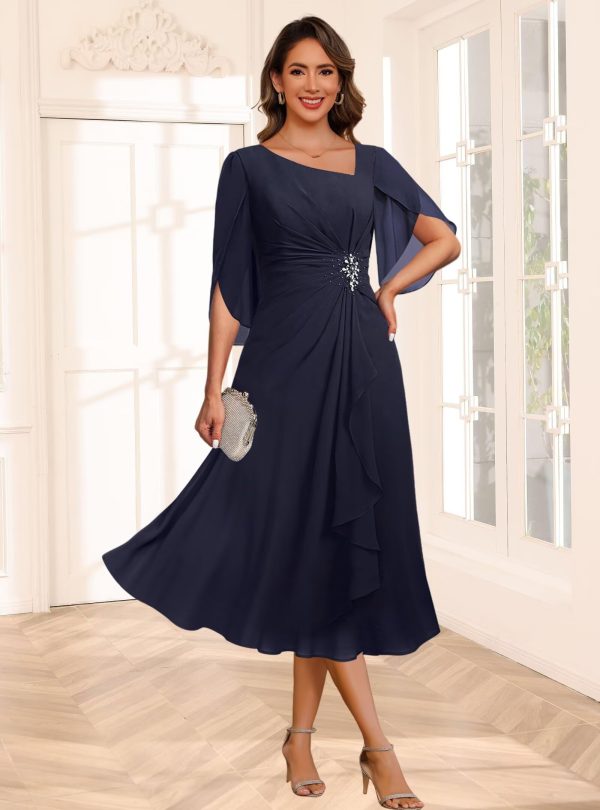 71IIrTisOPL.jpg Asymmetrical Neck Mother of The Bride Dresses 2025 for Wedding Chiffon Short Flutter Sleeve Formal Evening Gown PU268