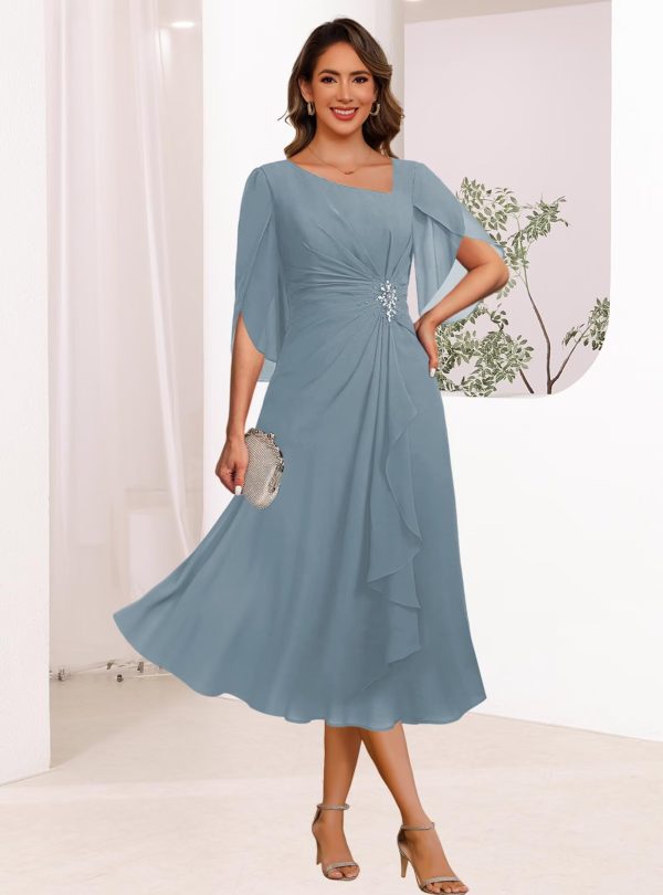 71Iv55jLYnL.jpg Asymmetrical Neck Mother of The Bride Dresses 2025 for Wedding Chiffon Short Flutter Sleeve Formal Evening Gown PU268