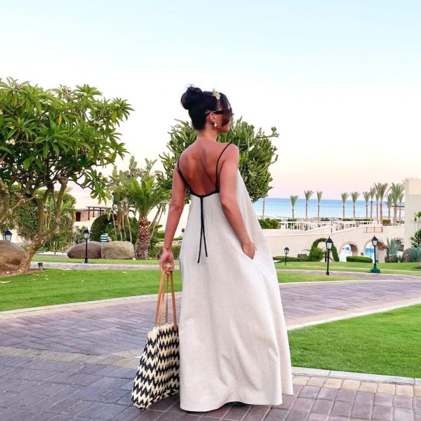71Jjv0xTrIL.jpg Women's 2025 Summer Linen Maxi Dress Contrast Spaghetti Strap Dress Backless Sleeveless Casual Party Beach Dresses