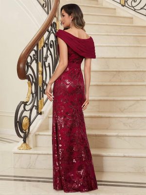 Sequin Mermaid Mother of The Bride Dresses for Women Chiffon Off Shoulder Ruched Long Formal Evening Gowns