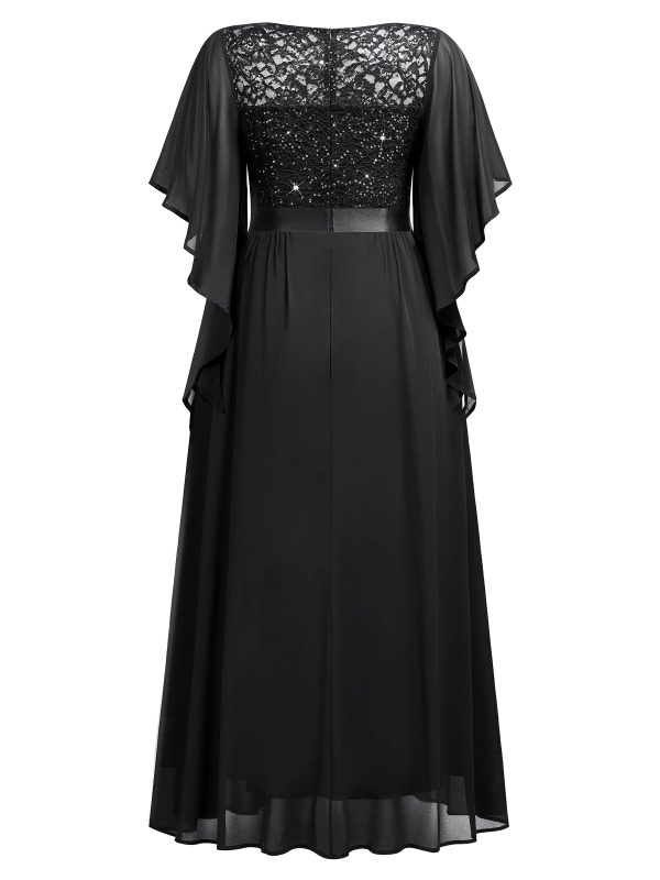 71M4keKFLSL.jpg Women's Plus Size Sequin Lace with Ruffle Cape Cloak Sleeves Elegant Evening Wedding Party Maxi Dress