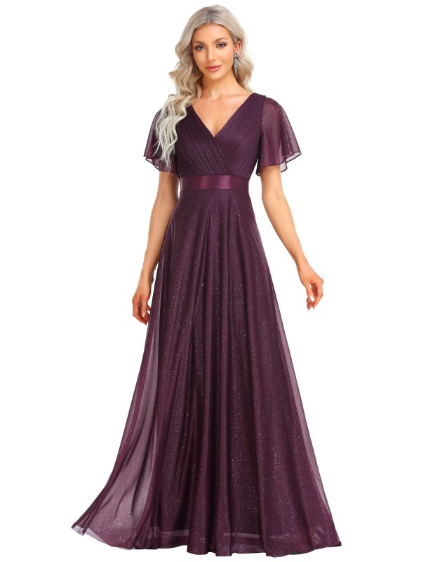 Womens Evening Dresses V Neck Short Sleeves A-line Glitter Formal Dresses 50159