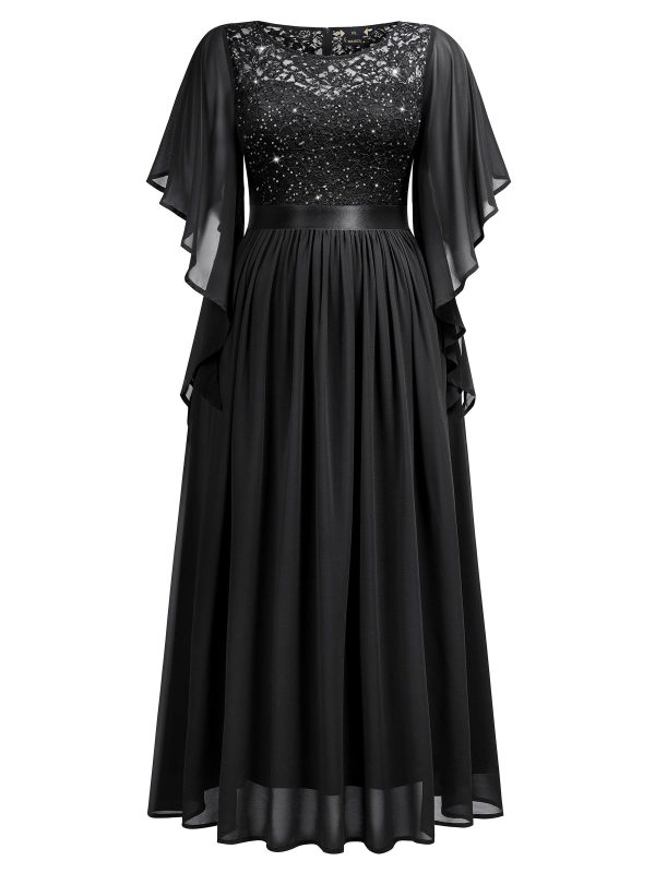 71N6qocPAzL.jpg Women's Plus Size Sequin Lace with Ruffle Cape Cloak Sleeves Elegant Evening Wedding Party Maxi Dress