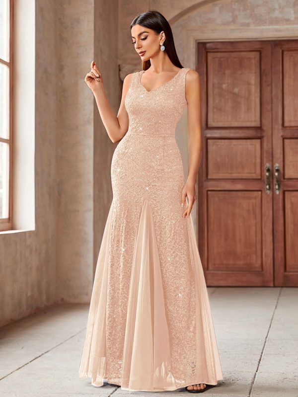 71NdxfkkCZL.jpg Women's Elegant V Neck Sleeveless Sequin Lace Evening Party Dress