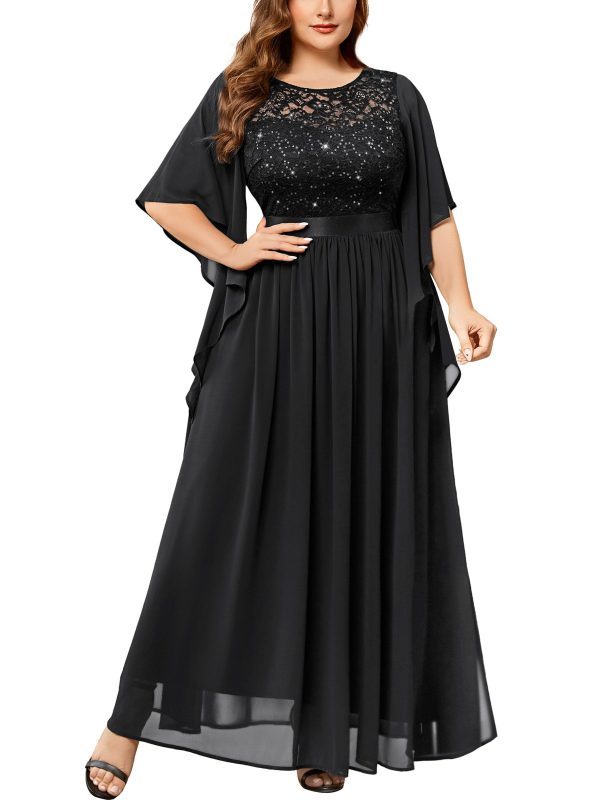 71OZfEchmXL.jpg Women's Plus Size Sequin Lace with Ruffle Cape Cloak Sleeves Elegant Evening Wedding Party Maxi Dress