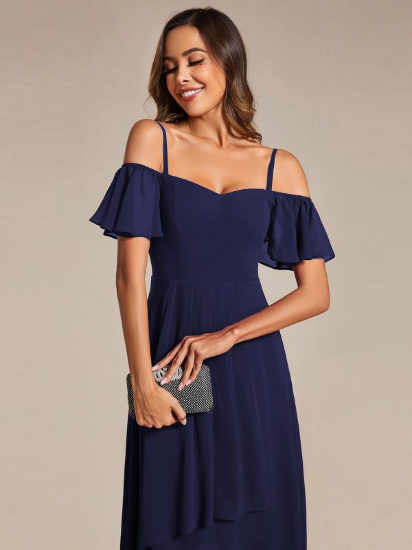 71PBeR1EkyL.jpg Women's Summer Cold Shoulder Hi-Lo Asymmetrical Hem Flowy Chiffon Short Wedding Guest Dress 02103