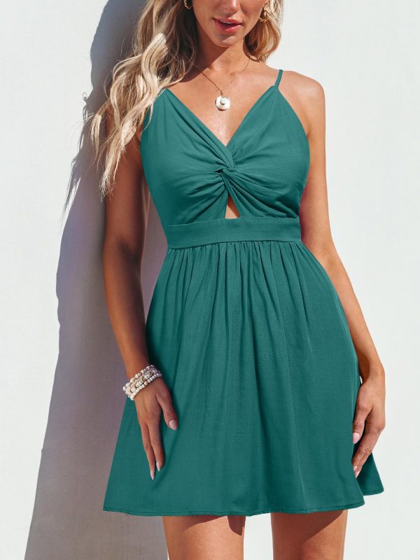 71POs813V4L.jpg Women's Mini Dress Floral Twisted V Neck Sleeveless Short Dress Pleated Self Tie Back Mini Dress