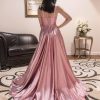 Women's Satin A Line Bridesmaid Dresses with Slit Long Square Neck Formal Cocktail Party Dress with Pockets CYM297