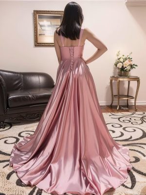 Women's Satin A Line Bridesmaid Dresses with Slit Long Square Neck Formal Cocktail Party Dress with Pockets CYM297