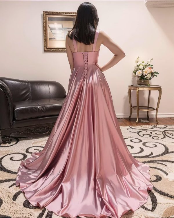 71PQ3fREuSL.jpg Women's Satin A Line Bridesmaid Dresses with Slit Long Square Neck Formal Cocktail Party Dress with Pockets CYM297