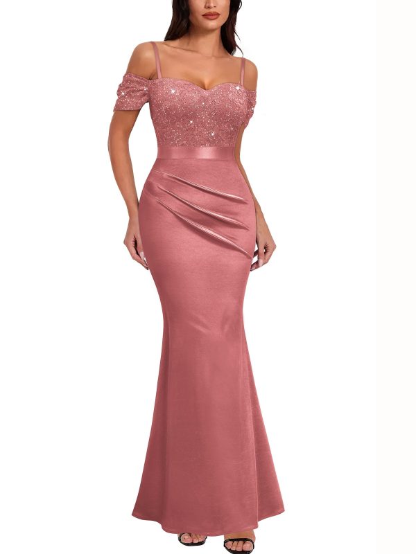 71SAO4n0IQL.jpg Women's Elegant Sequin Lace Spaghetti Straps Formal Satin Maxi Dress