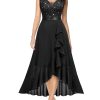 Women's Vintage V-Neck Sleeveless Sequined Floral Lace Ruffle Split Evening Party Dress