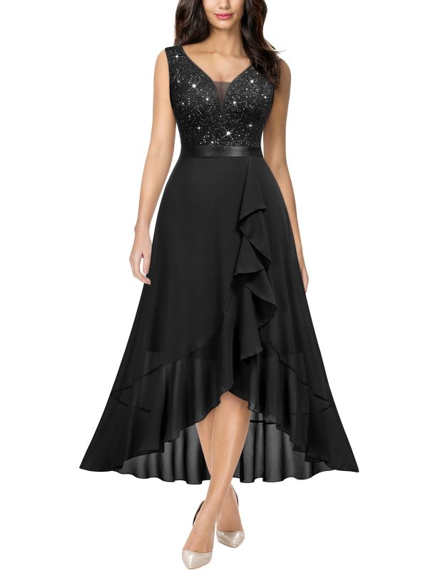 71SFAHkvdRL.jpg Women's Vintage V-Neck Sleeveless Sequined Floral Lace Ruffle Split Evening Party Dress
