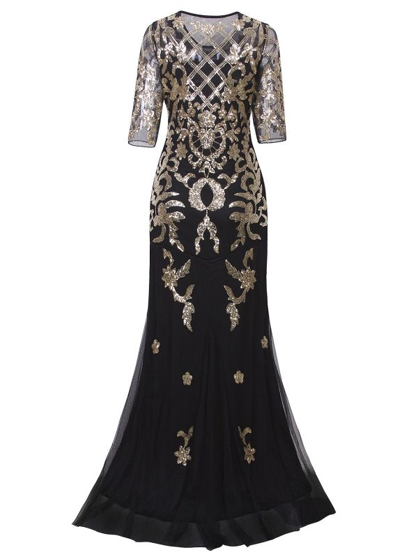 71SmTAa9MGL.jpg Vintage 1920s Long Wedding Prom Dresses 2/3 Sleeve Sequin Party Evening Gown