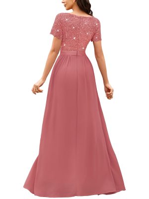 Women's Classy V-Neck Ruffle Floral Lace Hem Trim Sequined Maxi Bridesmaid Dress
