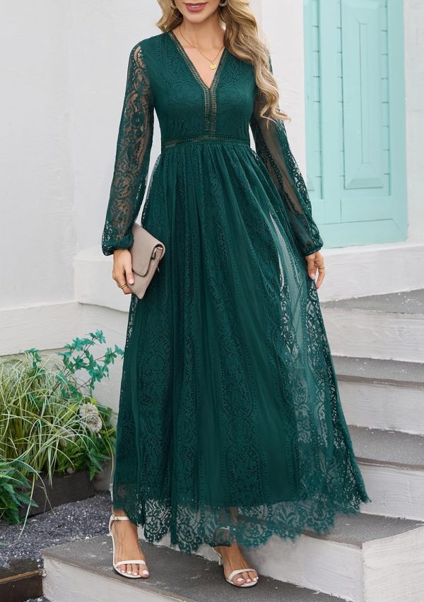 71UIrtucqwL.jpg Women's Fall Lace Maxi Wedding Dress Long Sleeve V Neck Flowy A Line Cocktail Formal Party Dress Spring