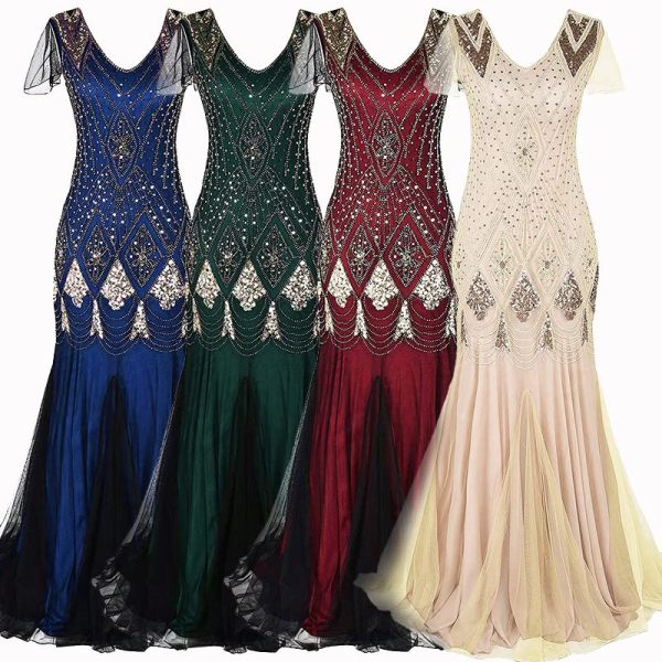 71UbPtqZQnL.jpg Women Evening Dress 1920s Flapper Cocktail Mermaid Plus Size Formal Gown with Long Gloves