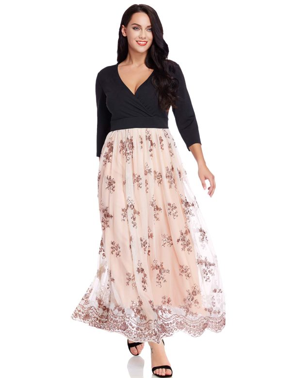 71VQEP6oyQL.jpg Women's Plus Size Sequin 3/4 Sleeves Evening Gown Party Long Maxi Dress