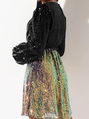 828 - Plus Size Long Sleeves Wrapped V Neck Sequins Skater Style Cocktail Evening Club Dress