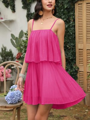 Womens 2025 Summer Romper Dress Spaghetti Strap Pleated Beach Vacation Outfit Fashion Cruise Short Jumpsuit Outfits