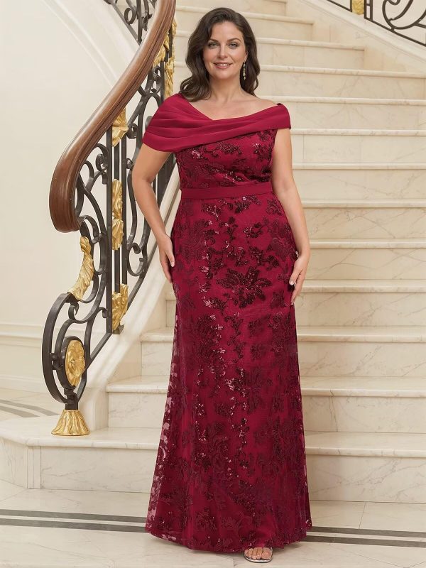 Sequin Mermaid Mother of The Bride Dresses for Women Chiffon Off Shoulder Ruched Long Formal Evening Gowns