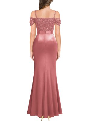 Women's Elegant Sequin Lace Spaghetti Straps Formal Satin Maxi Dress