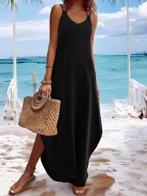 Women's Casual Sundress Summer Maxi Sleeveless V Neck Split Boho Beach Dress Travel Vacation Dress with Pockets