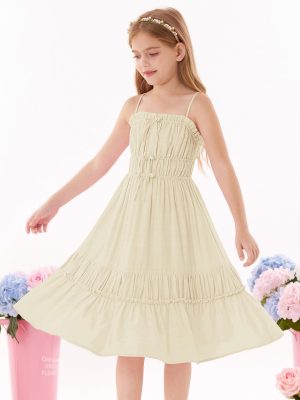 Girls Summer Dress Spaghetti Strap Midi Casual Sundress Sleeveless Party Elegant Dress 5-12Y