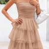 Womens Tulle Dress Strapless Tube Top Short Dress Summer Ruffle Tiered Party Wedding Guest Dresses