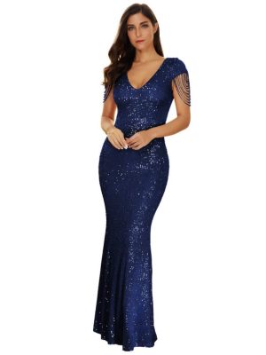 Women's V Neck Sequin Formal Evening Dress Tassel Bead Sleeve Mermaid Long Gown 1920S Party Maxi Military Dress