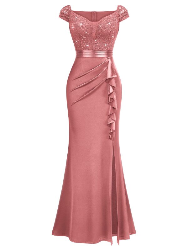 71aHpyQX2gL.jpg Women's Vintage V-Neck Slim Style Ruffle Split Evening Formal Maxi Dress