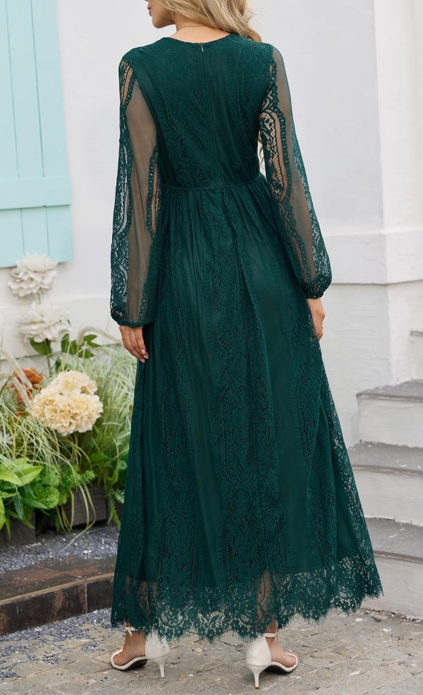 71b0YTuAWIL.jpg Women's Fall Lace Maxi Wedding Dress Long Sleeve V Neck Flowy A Line Cocktail Formal Party Dress Spring