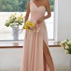 Women's One Shoulder Chiffon Bridesmaid Dresses Long A-Line Pleated Formal Party Dress with Slit