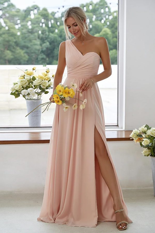 71bTdCTOhyL.jpg Women's One Shoulder Chiffon Bridesmaid Dresses Long A-Line Pleated Formal Party Dress with Slit