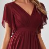 Women's Bridesmaid Dress V-Neck Ruffle Sleeves Ruched Bust Floor Length Chiffon Formal Dresses 0164A