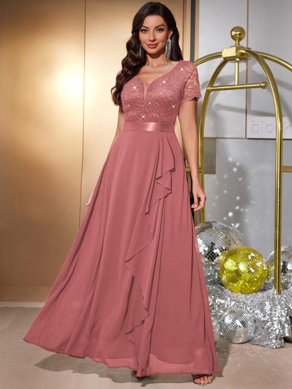 71cDVovDZbL.jpg Women's Classy V-Neck Ruffle Floral Lace Hem Trim Sequined Maxi Bridesmaid Dress