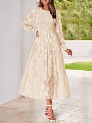 Casual Women's 2025 Spring Dresses Elegant Wedding Guest Dress Long Sleeve Floral Midi Dress Flowy Bohemian Long Dress