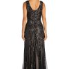 Long Beaded Dress W/Contrast Lining, V-Neckline & Godet Skirt