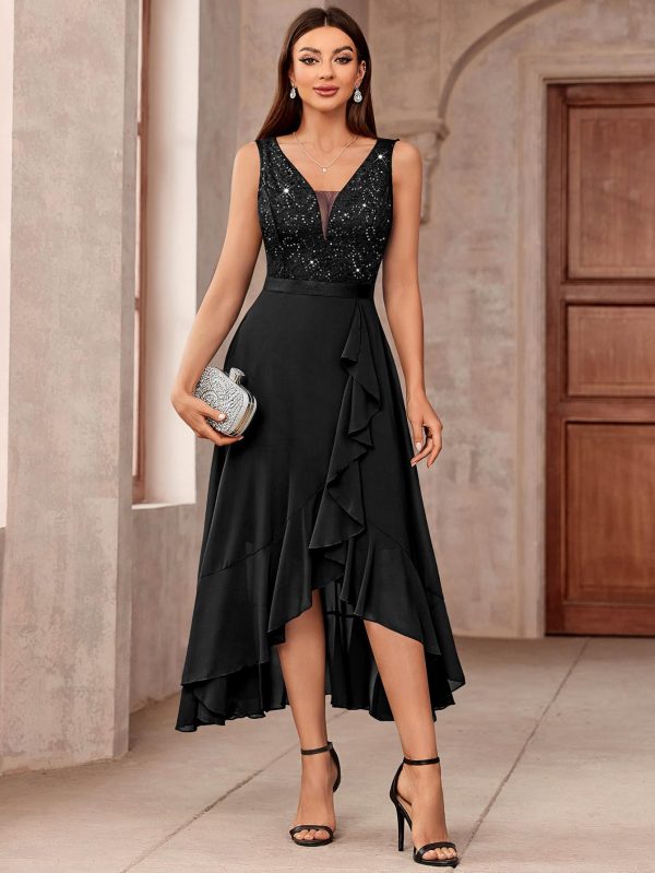 71eM1Osas-L.jpg Women's Vintage V-Neck Sleeveless Sequined Floral Lace Ruffle Split Evening Party Dress