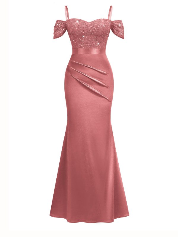 71eaLNRs2WL.jpg Women's Elegant Sequin Lace Spaghetti Straps Formal Satin Maxi Dress