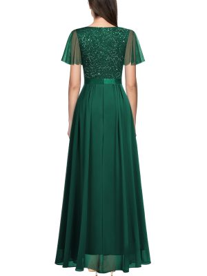 Women's Elegant Deep-V Neck Ruffle Tulle Sleeve Sequin Lace Formal Maxi Dress