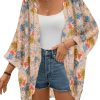 Women's Floral Print Sheer Chiffon 3/4 Bat Sleeve Casual Loose Kimono Cardigan Capes