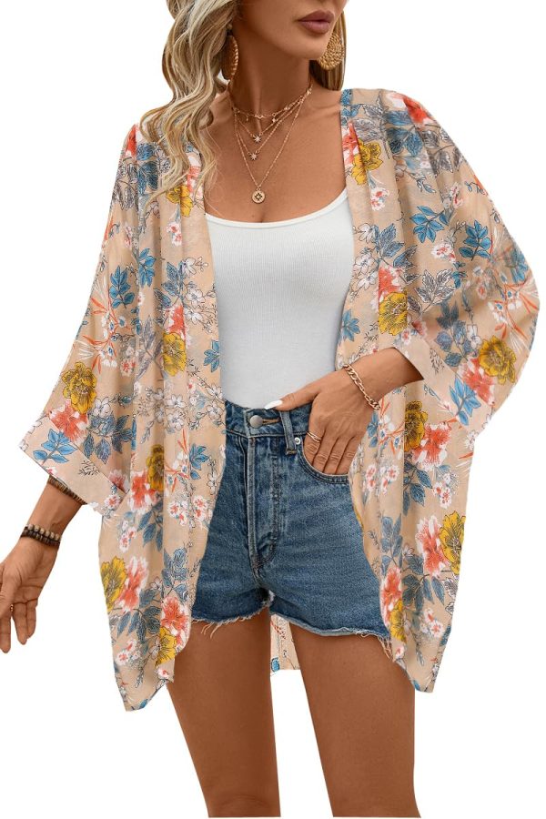 71fyTTRAfL.jpg Women's Floral Print Sheer Chiffon 3/4 Bat Sleeve Casual Loose Kimono Cardigan Capes