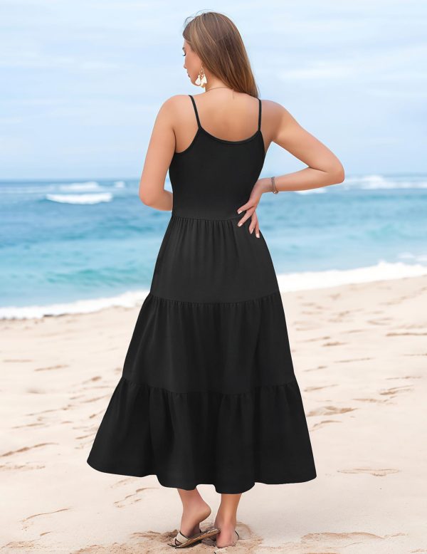 Womens Summer Long Dress Adjustable Spaghetti Strap Floral Casual Dress with Pockets Flowy Tiered Beach Sundress