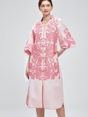 Women Casual V-Neck Mid Dress Floral Embroidery 3/4 Sleeves Spring Summer Tunic Dress Loose Zip Party Dress with Pocket