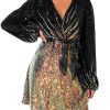 828 - Plus Size Long Sleeves Wrapped V Neck Sequins Skater Style Cocktail Evening Club Dress