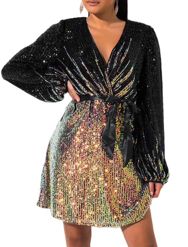 71jdGTmoWkL.jpg 828 - Plus Size Long Sleeves Wrapped V Neck Sequins Skater Style Cocktail Evening Club Dress