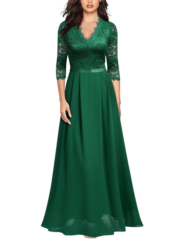 71jdYpaSLL.jpg Women's Formal Floral Lace 2/3 Sleeves Long Evening Party Maxi Dress